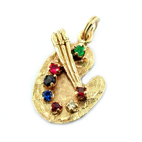 14K Gold Jeweled Artist Painter's Pallet Vintage Charm Pendant