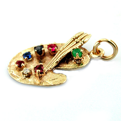 14K Gold Jeweled Artist Painter's Pallet Vintage Charm Pendant 