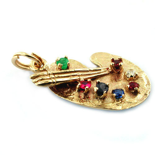 14K Gold Jeweled Artist Painter's Pallet Vintage Charm Pendant 