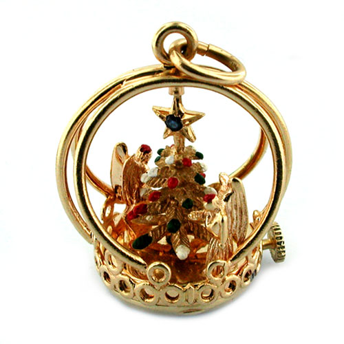 14K Gold Dankner Christmas Tree Angels Living Charm Mechanical Vintage Pendant