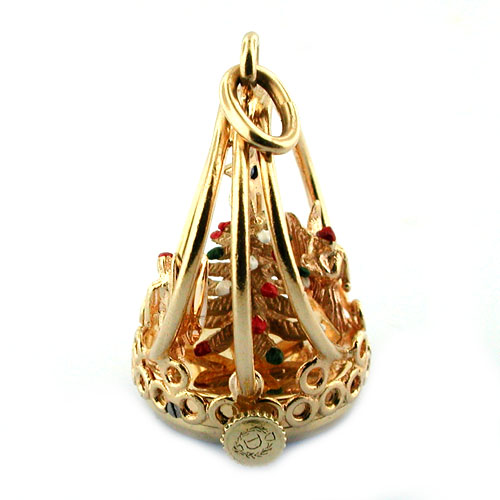 14K Gold Dankner Christmas Tree Angels Living Charm Mechanical Vintage Pendant