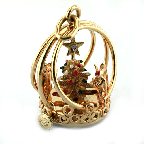 14K Gold Dankner Christmas Tree Angels Living Charm Mechanical Vintage Pendant