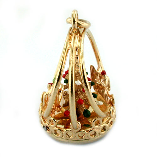 14K Gold Dankner Christmas Tree Angels Living Charm Mechanical Vintage Pendant