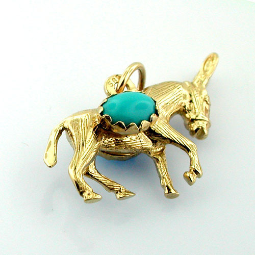 14k Gold Burro Mule Donkey Turquoise Charm Pendant
