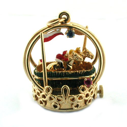 14K Gold Dankner Living Charm Mechanical Horse Racing Movable Vintage Pendant 
