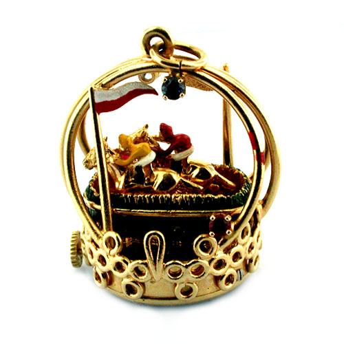 14K Gold Dankner Living Charm Mechanical Horse Racing Movable Vintage Pendant 