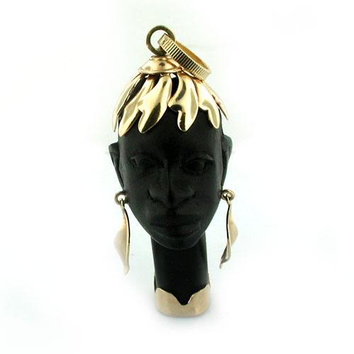 14K Gold Ebony Carved Blackamoor Vintage Charm Pendant