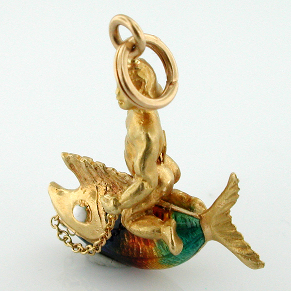 Boy Riding Fish Enameled UNOAERRE Vintage 18k Gold Charm Pendant